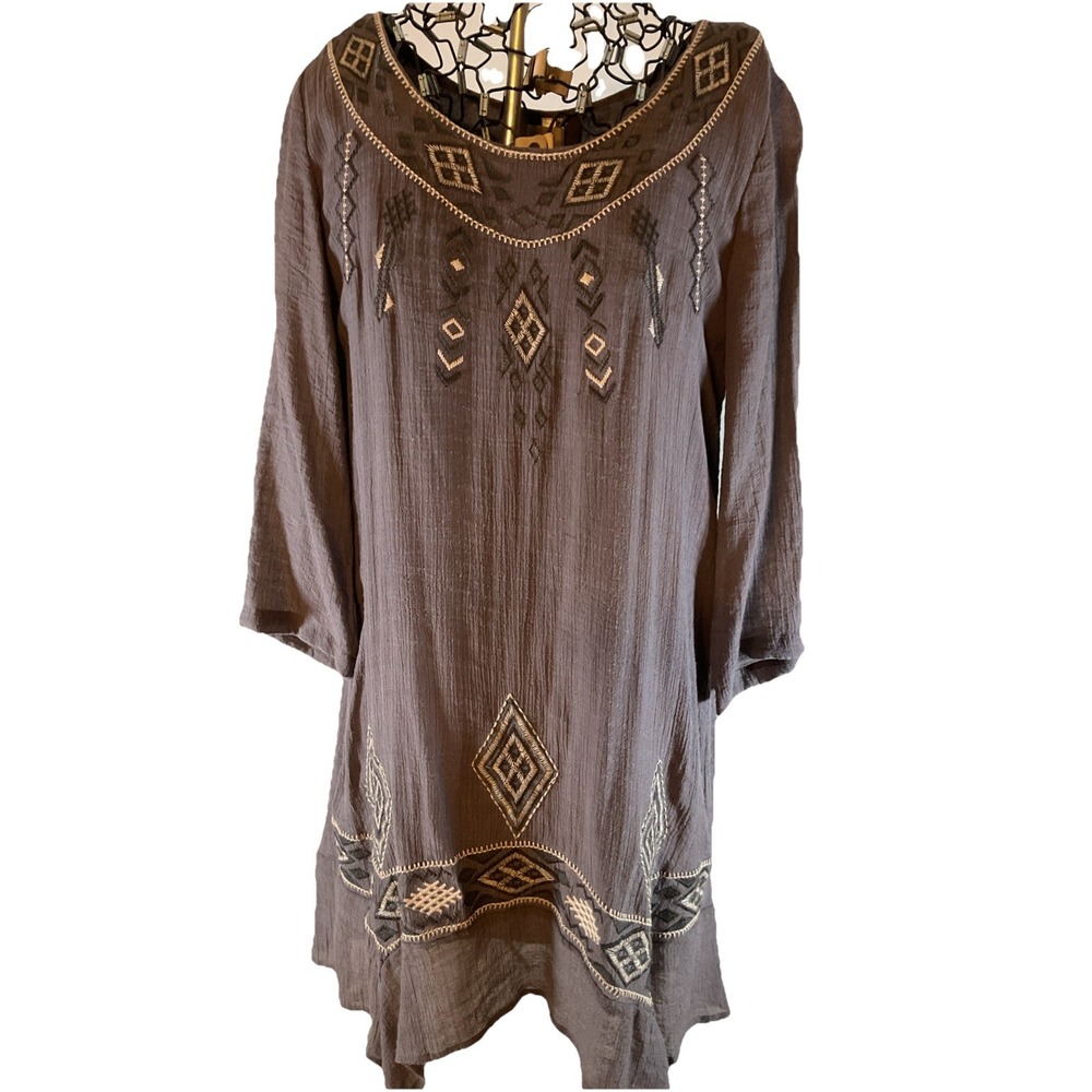 Monoreno Tunic‎ Mini Dress Cover Up Gray Cotton Embroidered Boho Sz S. F29